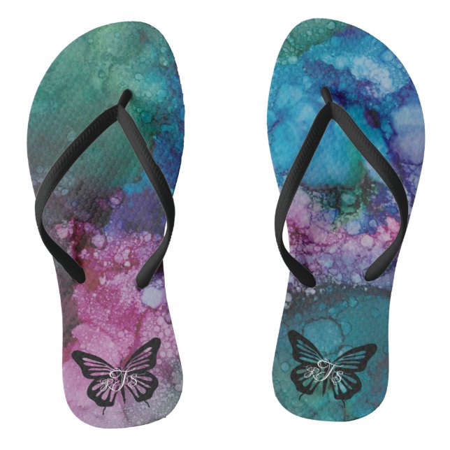Adult Flip-Flops "Inkblots Pink-Greens Butterfly" Flip Flops (Footbed)