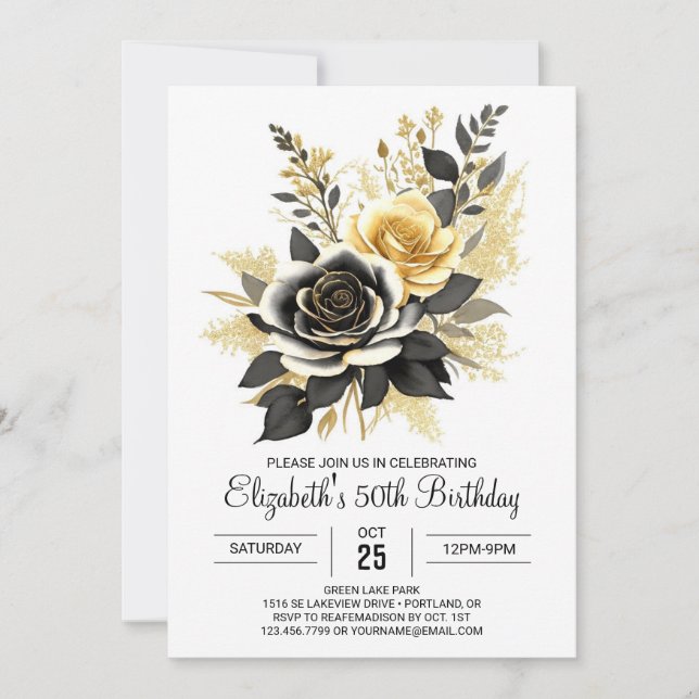 Adult Flowers Gold and Black 50th Birthday Invitation (Front)