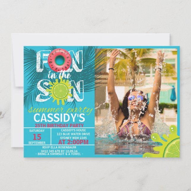 Adult Fun Sun Summer Photo Birthday Invitation (Front)