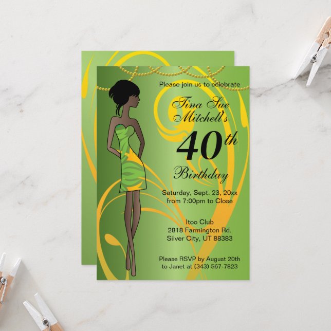 Adult Girl Birthday Party | DIY Age - Green Invitation (Front/Back In Situ)