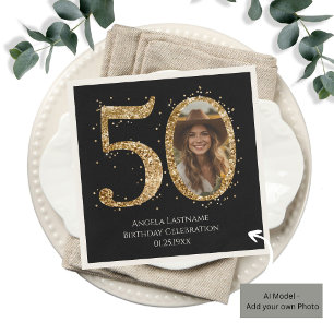 Adult Gold Glitter 50th Birthday Photo Date Napkin