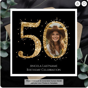 Adult Gold Glitter 50th Birthday Photo Napkin