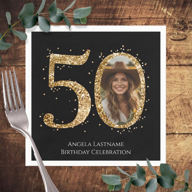 Adult Gold Glitter 50th Birthday Photo Napkin (Creator Uploaded)