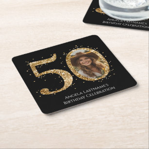 Adult Gold Glitter 50th Birthday Photo Square Paper Coaster