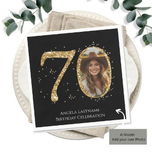 Adult Gold Glitter 70th Birthday Photo Napkin