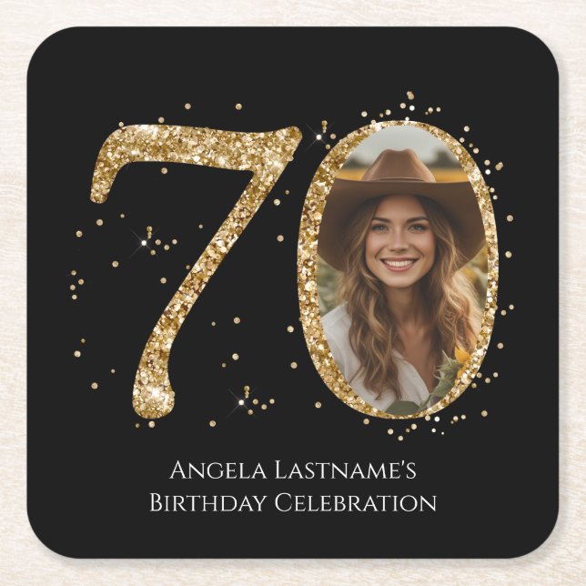 Adult Gold Glitter 70th Birthday Photo Square Paper Coaster (Front)