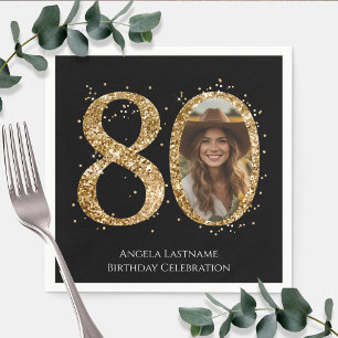 Adult Gold Glitter 80th Birthday Photo Napkin