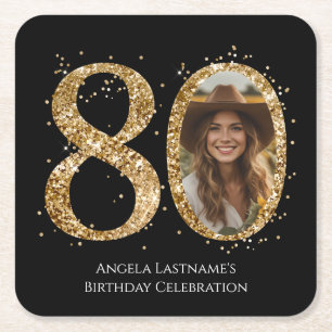 Adult Gold Glitter 80th Birthday Photo Square Paper Coaster