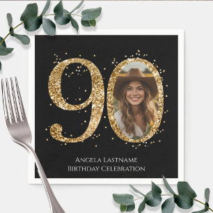 Adult Gold Glitter 90th Birthday Photo Napkin