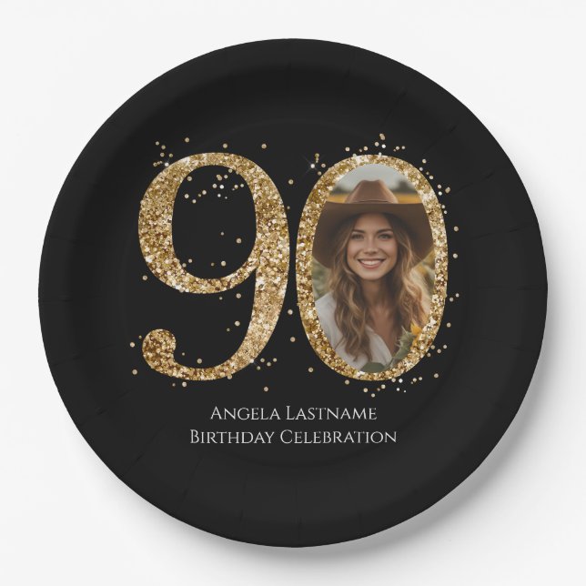 Adult Gold Glitter 90th Birthday Photo Paper Plate (Front)