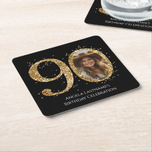 Adult Gold Glitter 90th Birthday Photo Square Paper Coaster