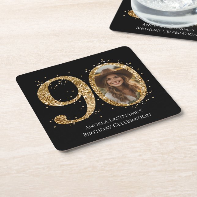 Adult Gold Glitter 90th Birthday Photo Square Paper Coaster (Angled)