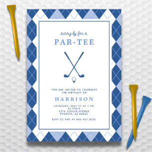 Adult Golf Birthday Modern Preppy Argyle Blue Invitation