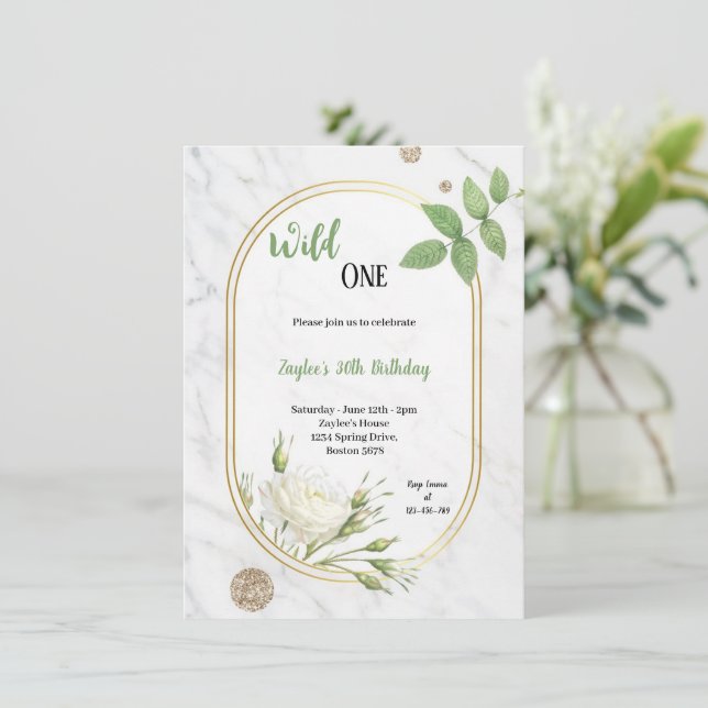 Adult green and whit birthday party invitation (Standing Front)