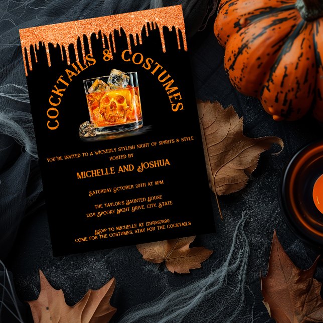 Adult Halloween Cocktail and Costume Party Skull Invitation (orange halloween cocktail with skull shaped ice cubes)