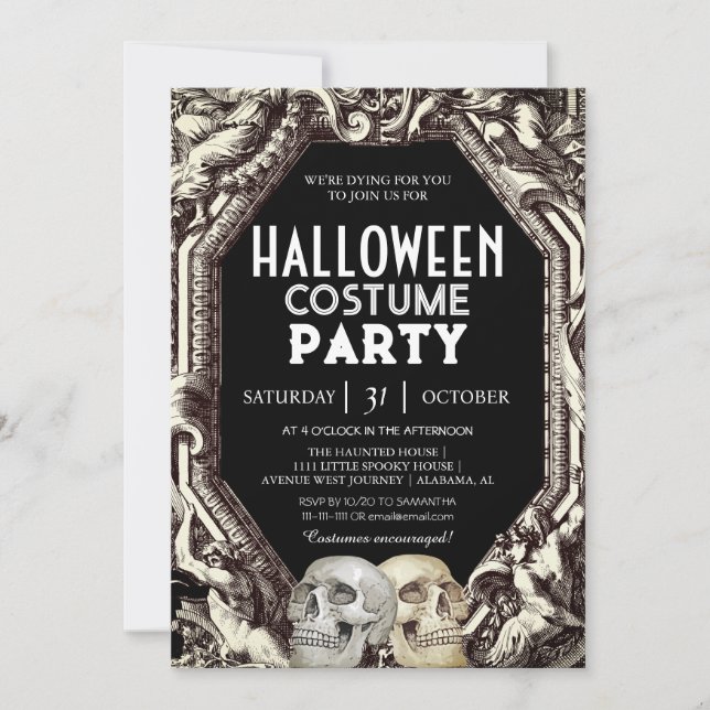 Adult Halloween Costume Party Vintage Gothic Skull Invitation (Front)