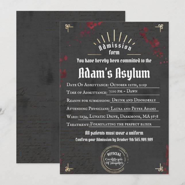 Adult Halloween Lunatic Asylum Spooky Gothic Party Invitation (Front/Back)