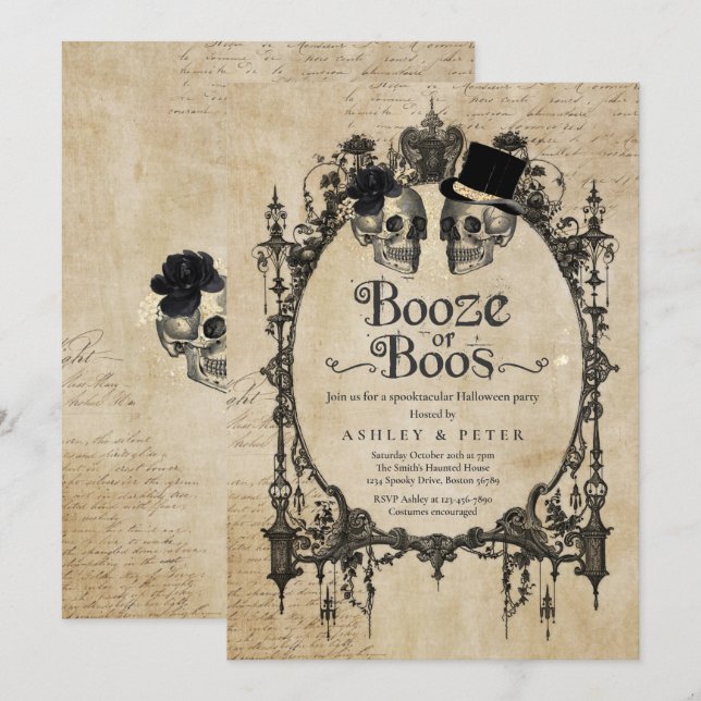 Adult Halloween Party Gothic Skull Booze Or Boos Invitation (Front/Back)