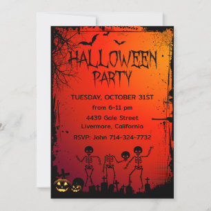 Adult Halloween Party Pumpkin Skeleton Bat Graves Invitation