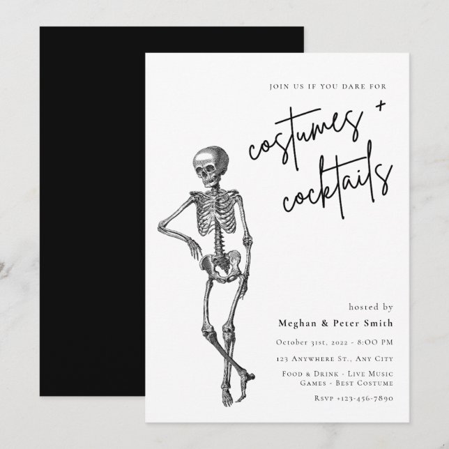 Adult Halloween Party Skelton Costume & Cocktail Invitation (Front/Back)