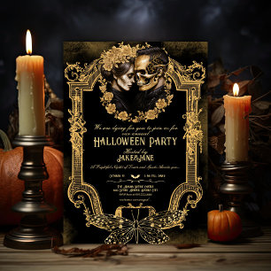 Adult Halloween Party Skull Lovers Gothic Gold  Invitation