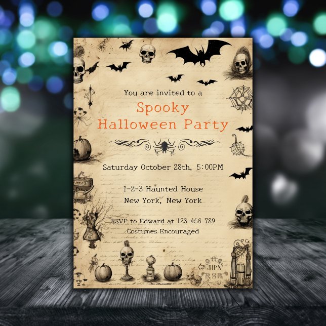Adult Halloween Party Vintage Spooky Skull Invitation (Vintage Adult Halloween Party Invitation. Spooky anatomy skull, bats, spiders.)