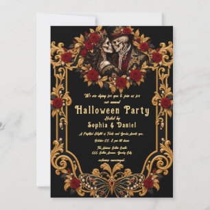 Adult Halloween Skull Lovers Gothic Gold Party Invitation
