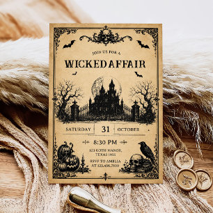 Adult Halloween Soirée Vintage Gothic Skull Invitation