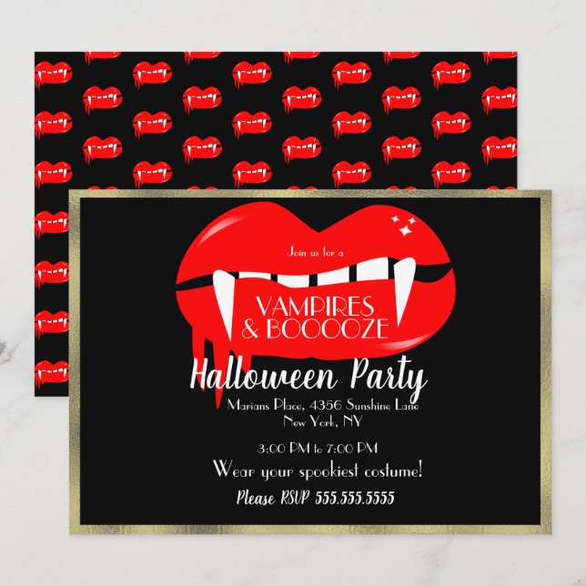 Adult Halloween Vampire Party Red Black and Gold Invitation (Front/Back)
