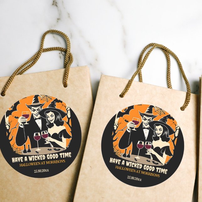 Adult Halloween wicked good time party tableware Classic Round Sticker (Halloween wicked good time party stickers favor stickers retro Dracula and witch toasting wine)