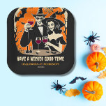 Adult Halloween wicked good time party tableware Paper Plate<br><div class="desc">Halloween wicked good time a witch and Dracula toasting wine adults costume dress up party tableware template personalised plates,   groovy retro style orange black and white</div>