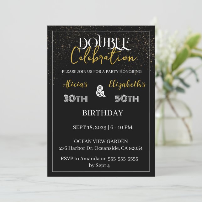 Adult Joint Birthday Party Black & Gold Combined  Invitation (Standing Front)