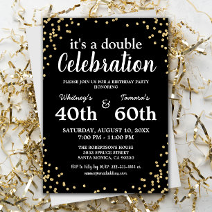 Adult Joint Birthday Party   Black Gold Glitter Invitation
