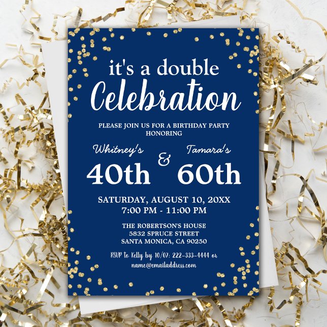 Adult Joint Birthday Party | Blue Gold Glitter Invitation (Creator Uploaded)