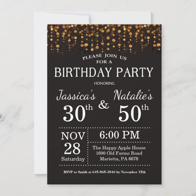 Adult Joint Birthday Party Invitation Gold Glitter (Front)