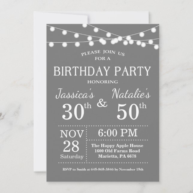 Adult Joint Birthday Party Invitation Grey (Front)