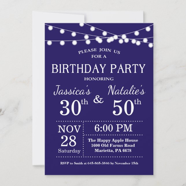 Adult Joint Birthday Party Invitation Navy Blue (Front)