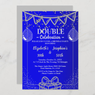 Adult Joint   Double Birthday Party   Blue Silver Invitation