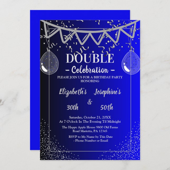 Adult Joint   Double Birthday Party | Blue  Silver Invitation (Front/Back)