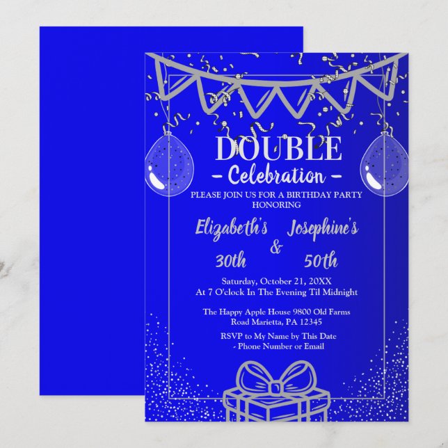 Adult Joint   Double Birthday Party | Blue Silver Invitation (Front/Back)