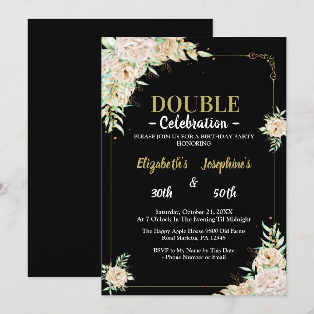 Adult Joint Double Birthday Party |Blush floral  Invitation (Front/Back)