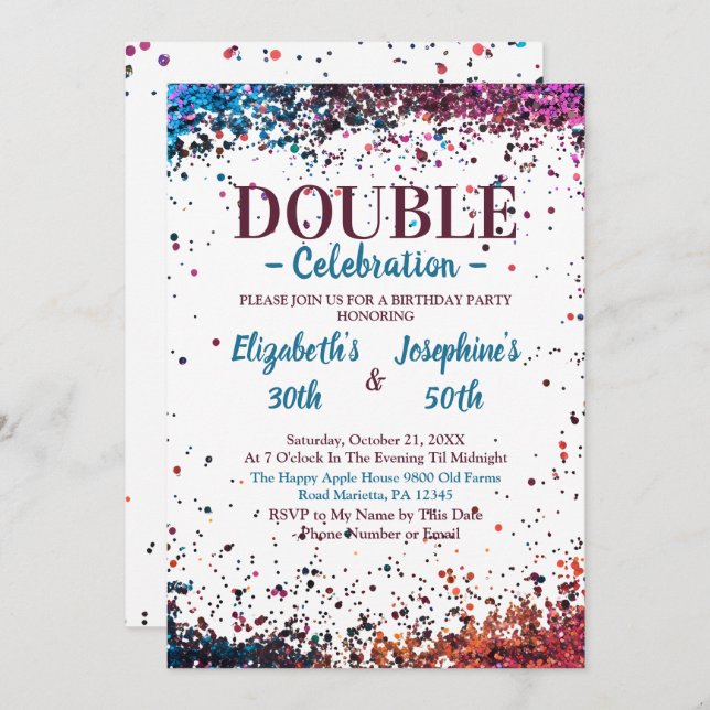 Adult Joint Double Birthday Party Colourful Confet Invitation (Front/Back)
