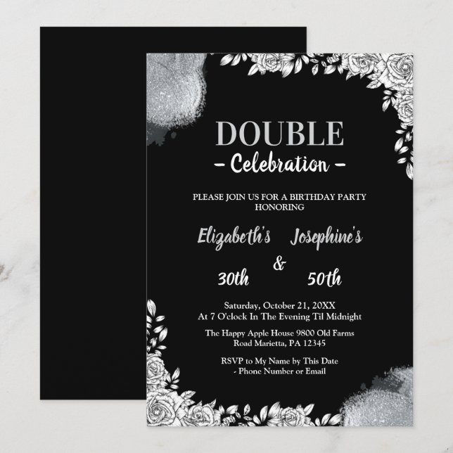 Adult Joint Double Birthday Party |Silver floral  Invitation (Front/Back)
