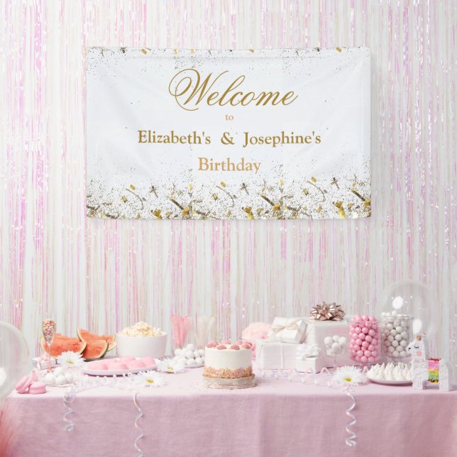 Adult Joint Double Birthday Party | White Gold Banner (Party)