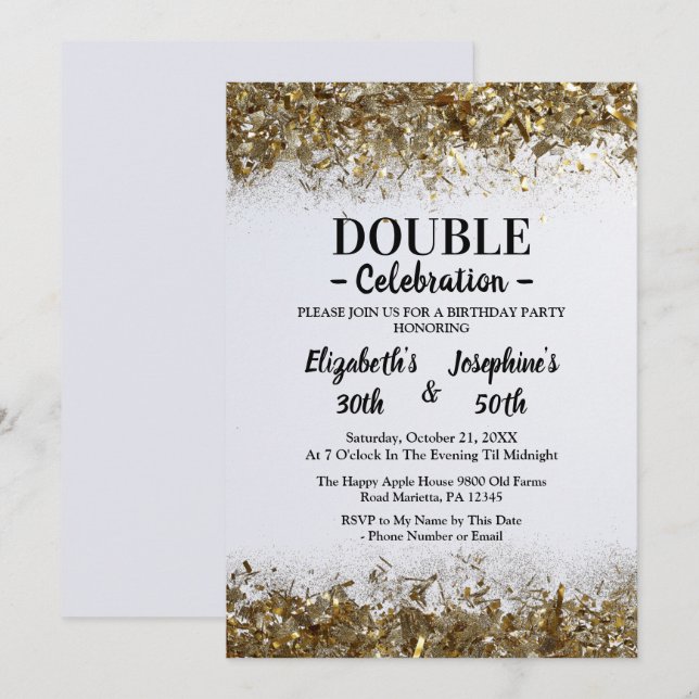 Adult Joint   Double Birthday Party | White Gold  Invitation (Front/Back)