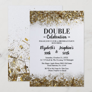 Adult Joint   Double Birthday Party   White Gold  Invitation