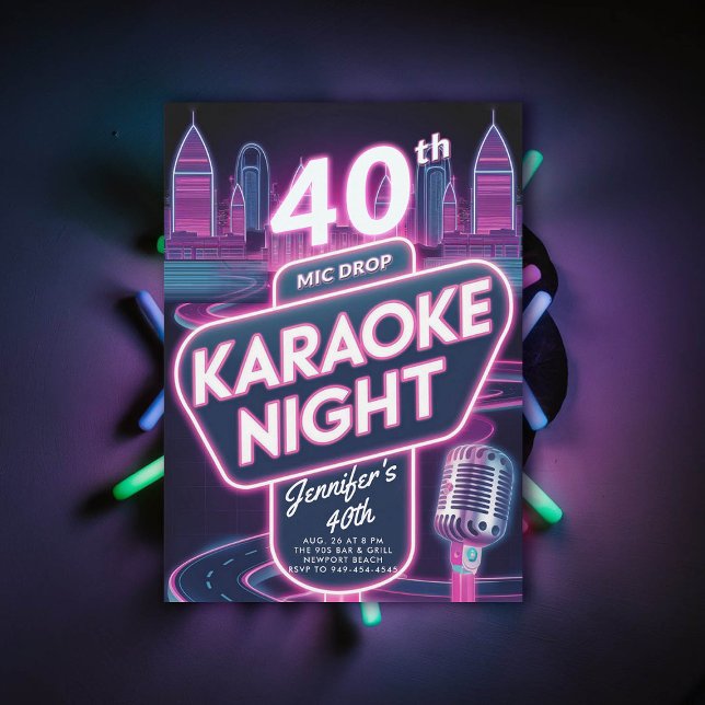 Adult Karaoke 90s Neon Pink Glow 40th Birthday Invitation (90s neon glow arcade pink40th  birthday invitation for women millennial y2k)