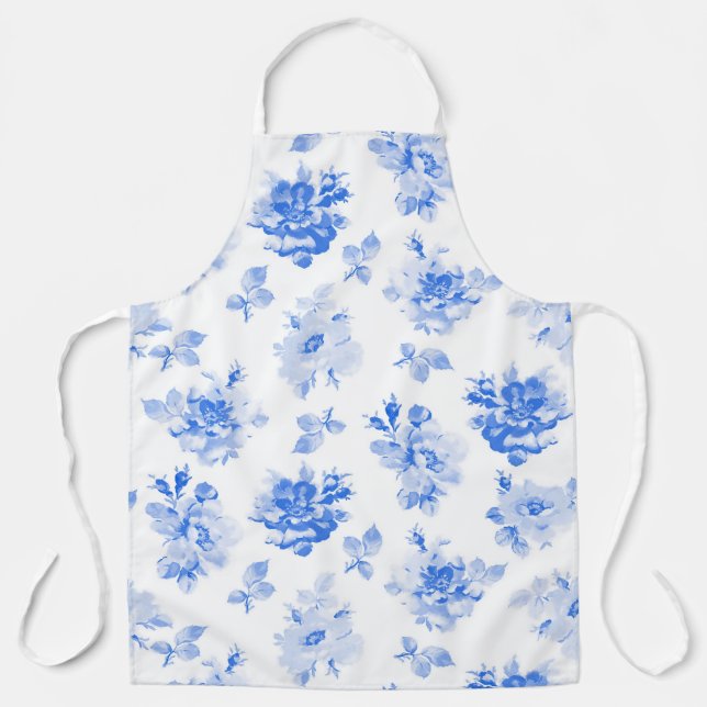 Adult Large Apron in delft blue roses (Front)