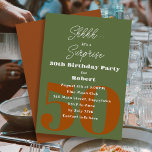 Adult Male Surprise Birthday Party Invitation<br><div class="desc">Surprise party invitations for a man. Celebrate a milestone birthday with fun and modern invitations. Army green colour with dark, rust orange numbers for his age. Light grey wording is set up for a surprise party. At the top, "Shhhh... it's a surprise" with bold, printed text for his age and...</div>