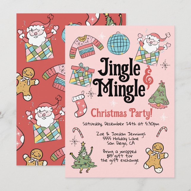Adult or Kids Retro Doodle Christmas Party Invitation (Front/Back)